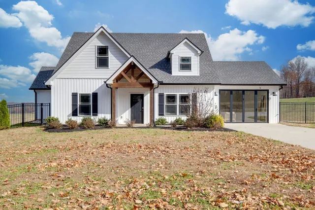 front view of a house with a patio