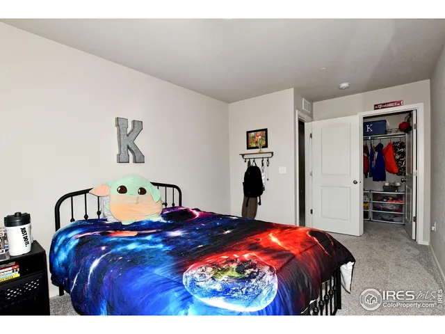 a bedroom with a bed and closet