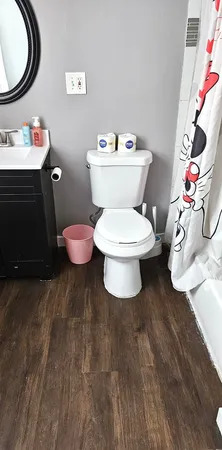 a bathroom with a sink toilet and a mirror
