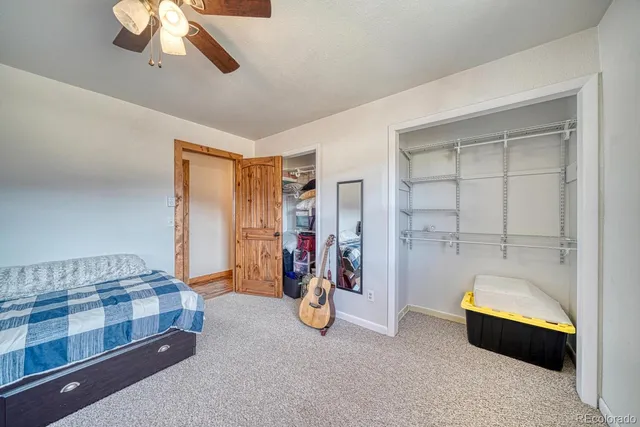 a bedroom with a bed and closet