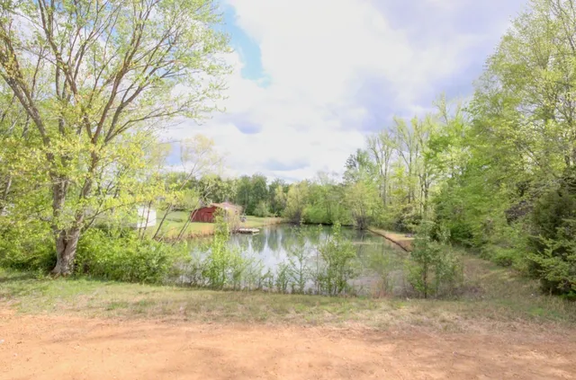 a view of a lake with houses in the background