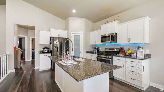 6062 Spring Street Stansbury Park, UT 84074 - Photo 5 of 36 Kitchen featuring a large central island with a sink, white cabinetry, integrated stainless steel appliances, and LVP flooring