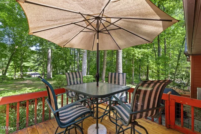 a backyard of a house with plants and large trees