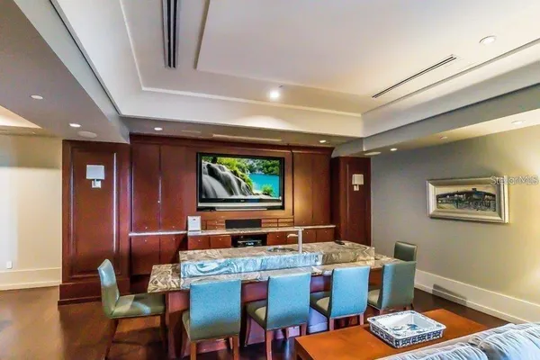 a view of a dining room with furniture