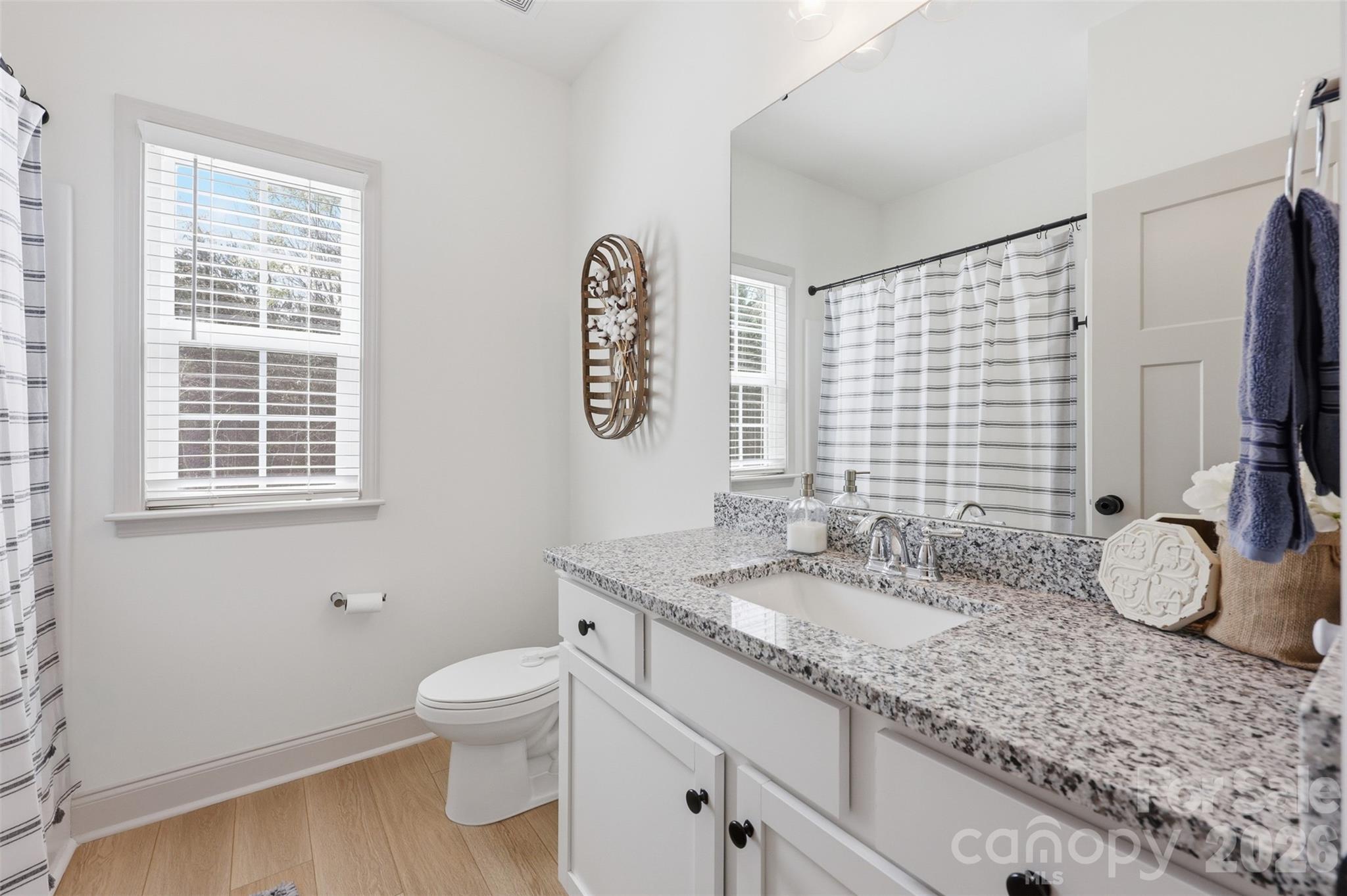 2909 Good Road Clover, SC 29710 - Photo 21 of 37 a bathroom with a granite countertop sink toilet and mirror