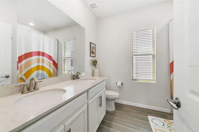 a bathroom with a sink a toilet and a mirror