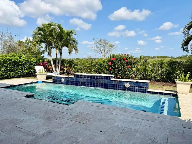 a view of a backyard with swimming pool and furniture