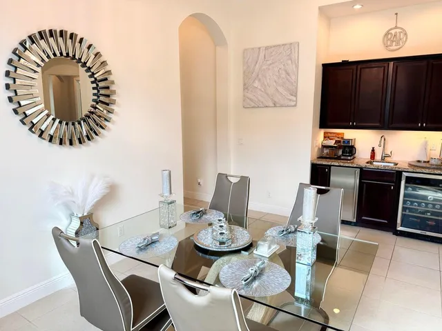 a view of a dining room with furniture
