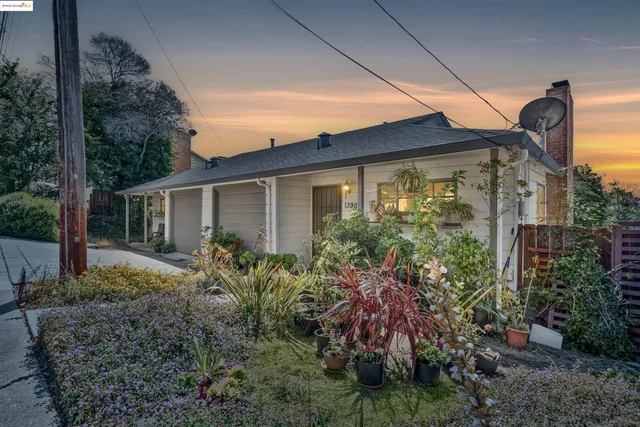 a view of a house with a small yard and plants