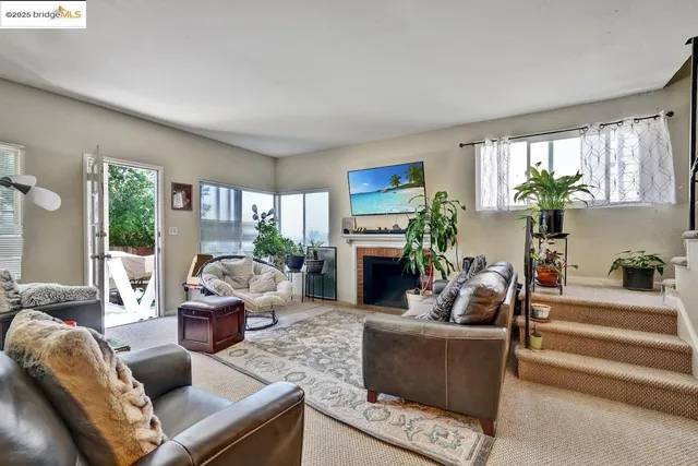 a living room with furniture a fireplace and a potted plant