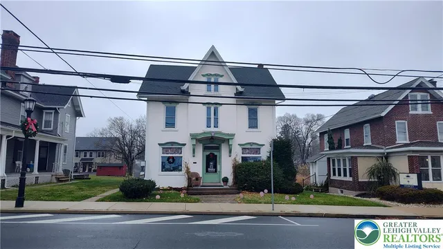 a view of a building and a street