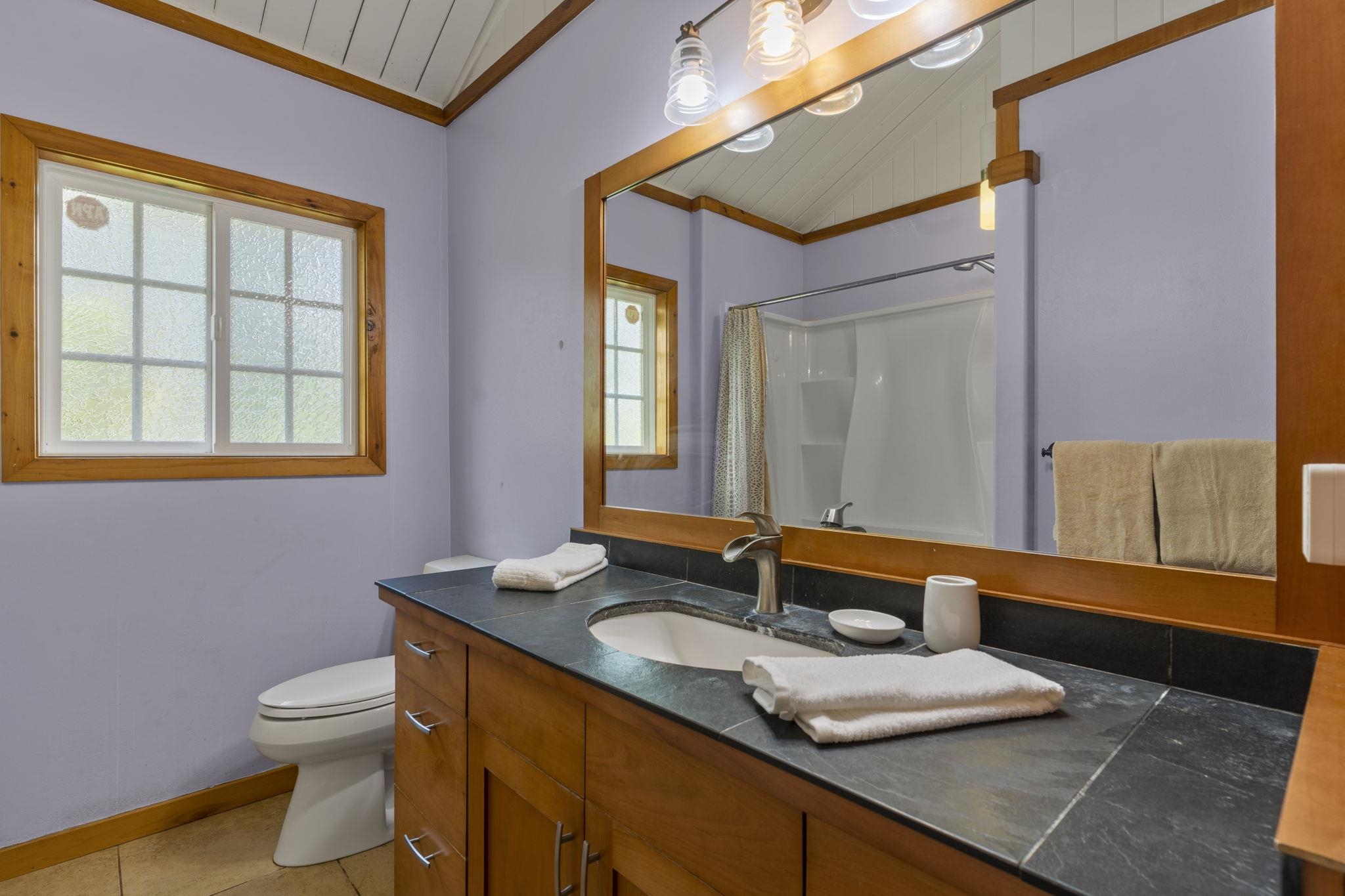 1515 Kaupakalua Road Haiku, HI 96708 - Photo 21 of 45 a bathroom with a granite countertop sink toilet and mirror