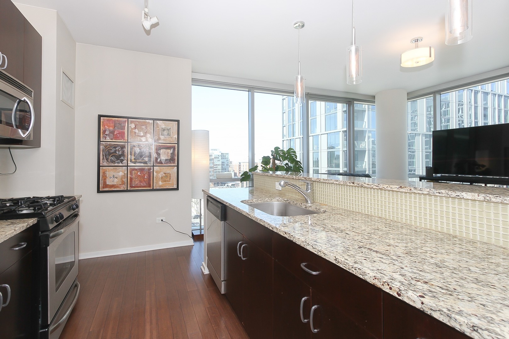 123 South Green Street, Unit 801B Chicago, IL 60607 - Photo 9 of 20 a kitchen with stainless steel appliances granite countertop a sink stove and microwave