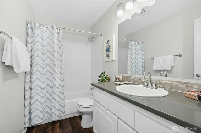 a bathroom with a sink toilet a mirror a vanity and shower