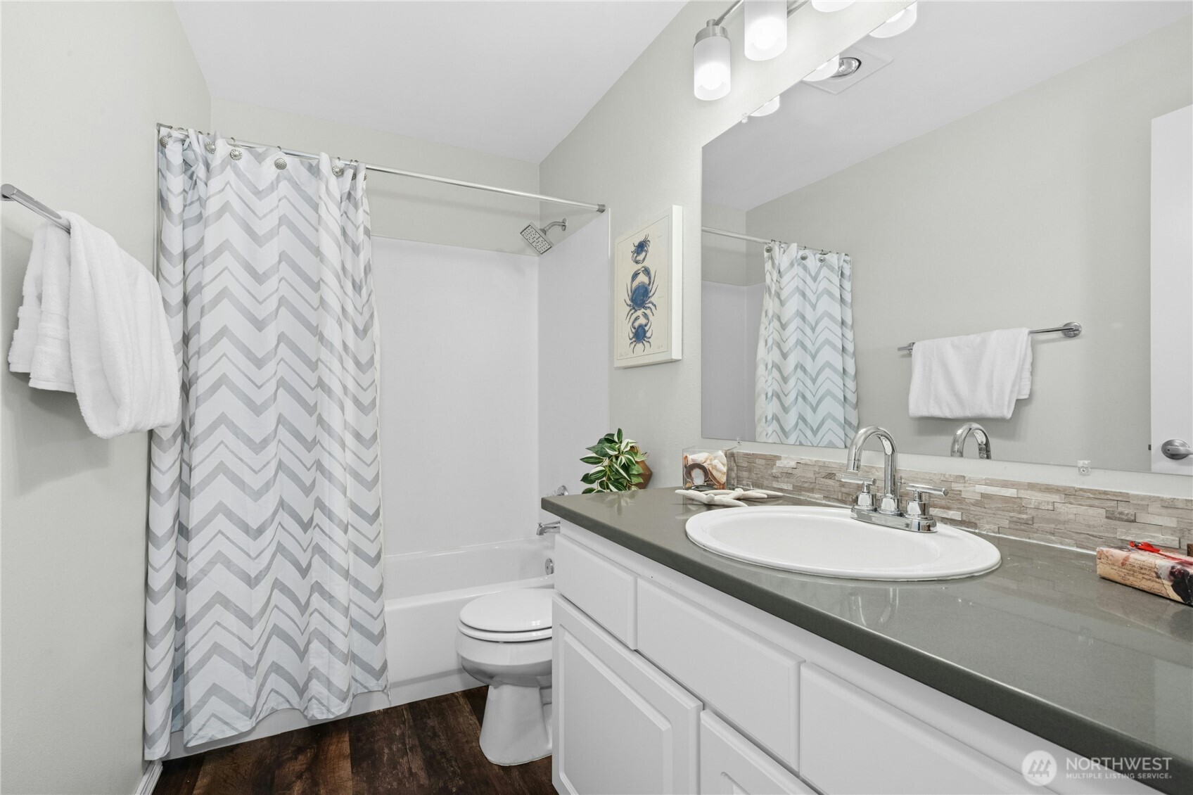725 115th Street Southwest, Unit BB 204 Everett, WA 98204 - Photo 21 of 32 a bathroom with a sink toilet a mirror a vanity and shower