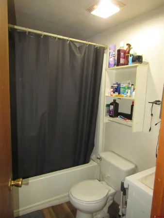 a bathroom with a toilet and a shower curtain