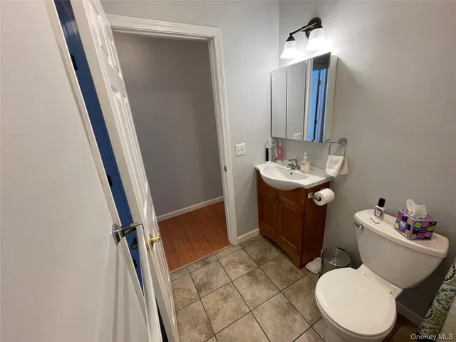 a bathroom with a sink a toilet a mirror and vanity