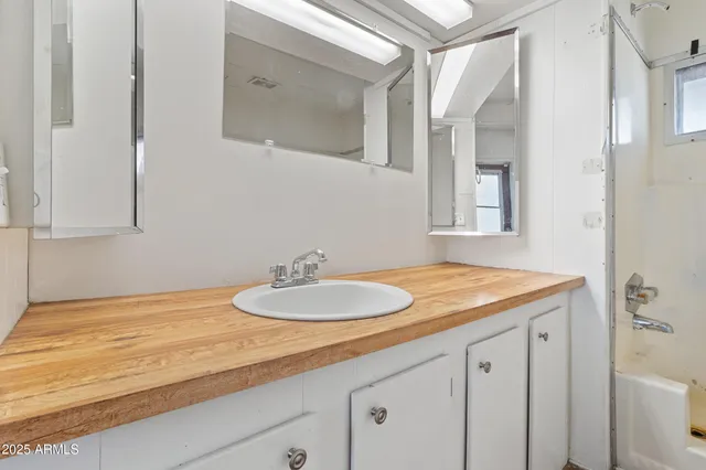 a bathroom with a sink and mirror