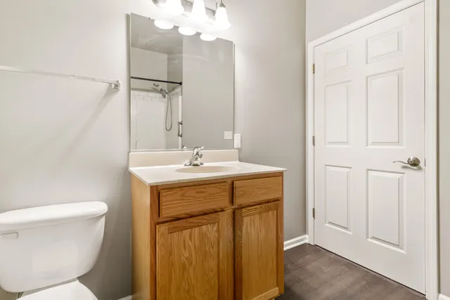 a bathroom with a sink a toilet and mirror