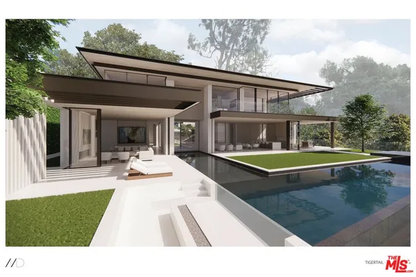 a view of a house with swimming pool and porch with furniture