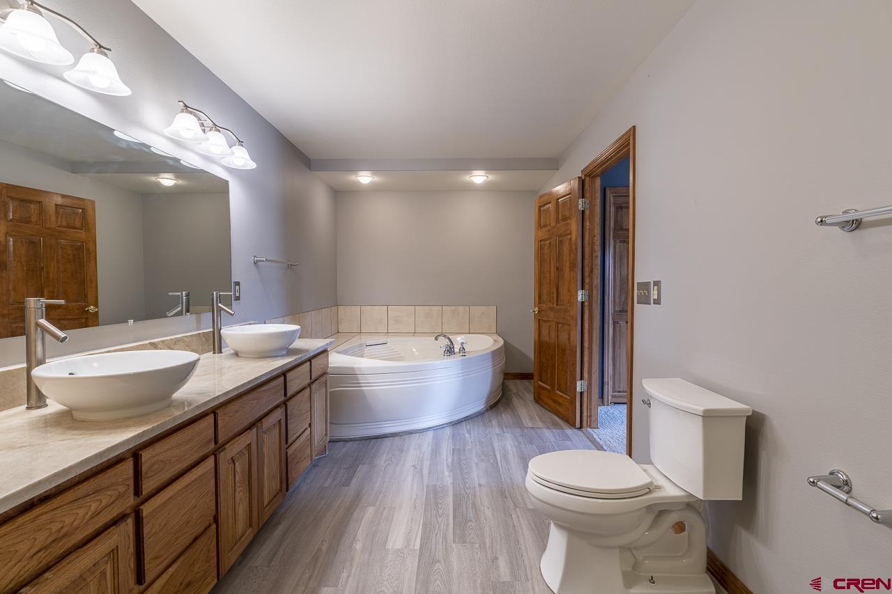 1403 Skyview Road Bayfield, CO 81122 - Photo 9 of 35 a bathroom with a granite countertop bathtub sink vanity mirror and toilet