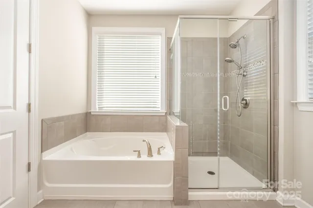 a bathroom with a bathtub and a shower