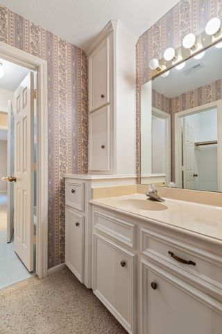 a bathroom with a sink and a mirror