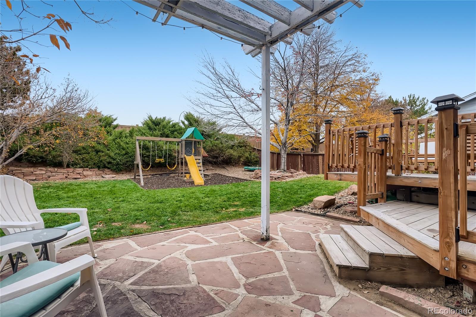 8994 Bermuda Run Circle Highlands Ranch, CO 80130 - Photo 27 of 30 a view of a patio with a table chairs and a yard