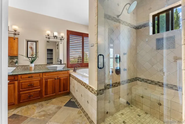 a bathroom with a sink mirror and a shower