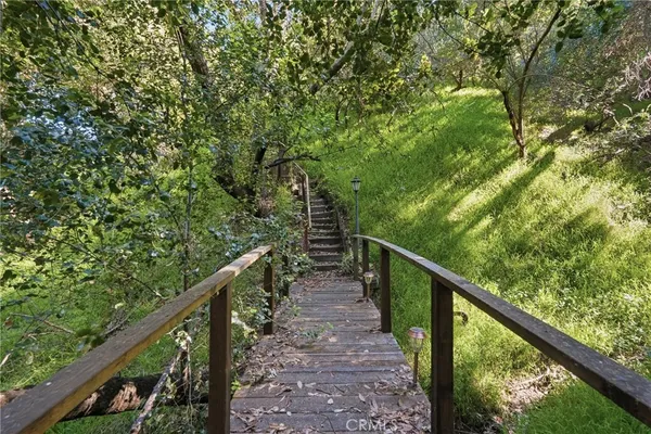 a view of a road with plants and a building