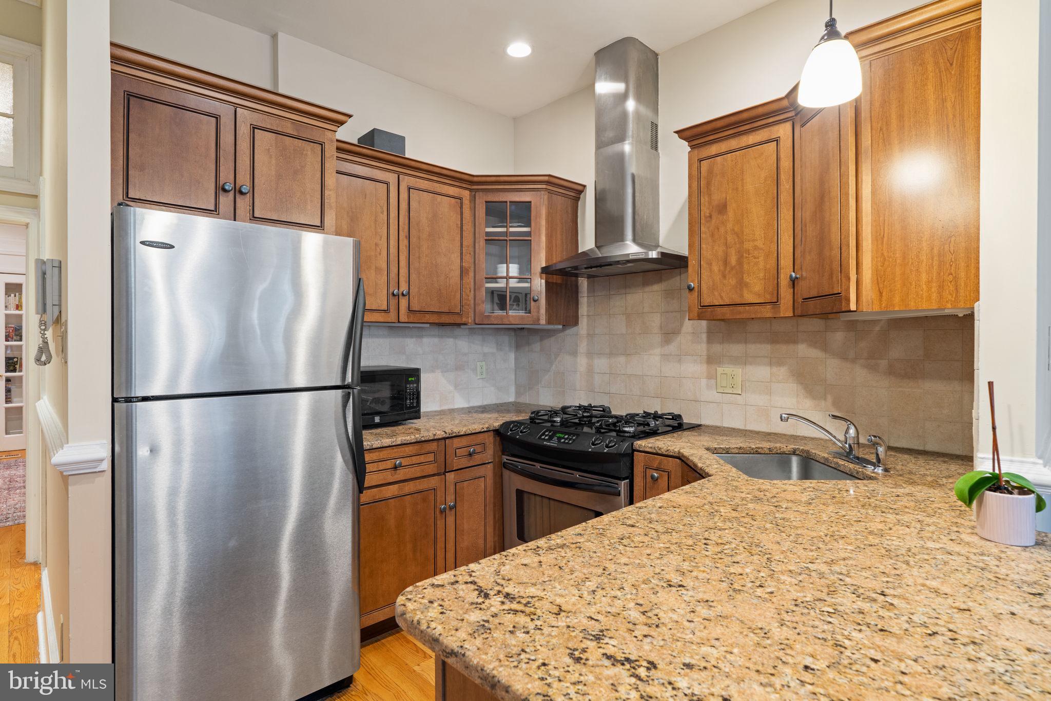 929 Clinton Street, Unit 1F Philadelphia, PA 19107 - Photo 14 of 41 a kitchen with granite countertop a refrigerator and a sink