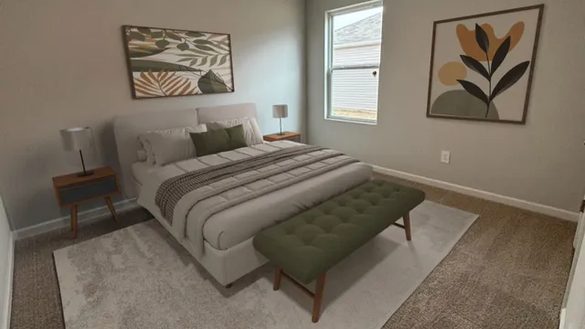 a bed sitting in a bedroom next to a window