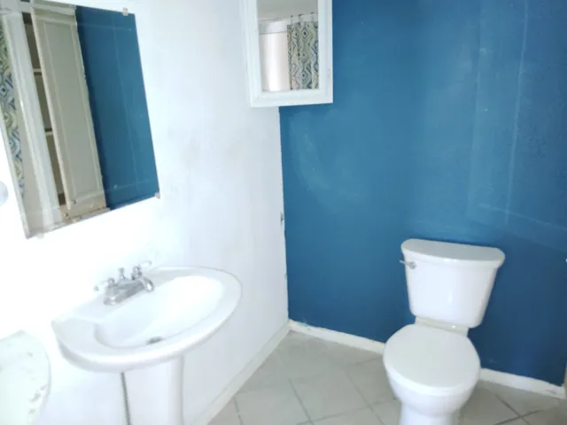 a bathroom with a toilet sink and mirror