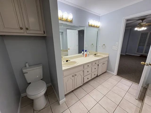a bathroom with a double vanity sink mirror and toilet