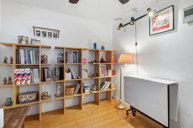 a living room with furniture and a book shelf