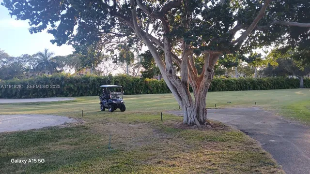 a view of a lake in between two of trees