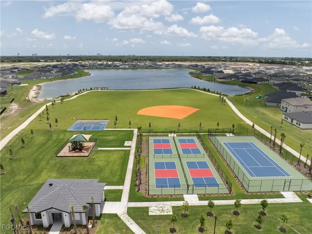 a view of a city with lawn chairs