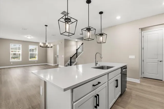 a kitchen with a sink a counter space and wooden floor