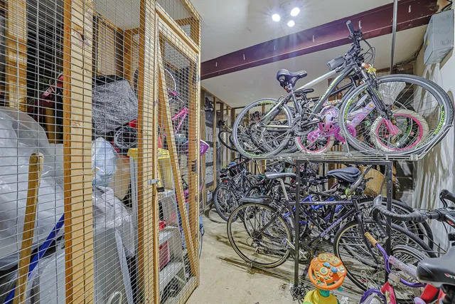 a view of a balcony with wooden floor
