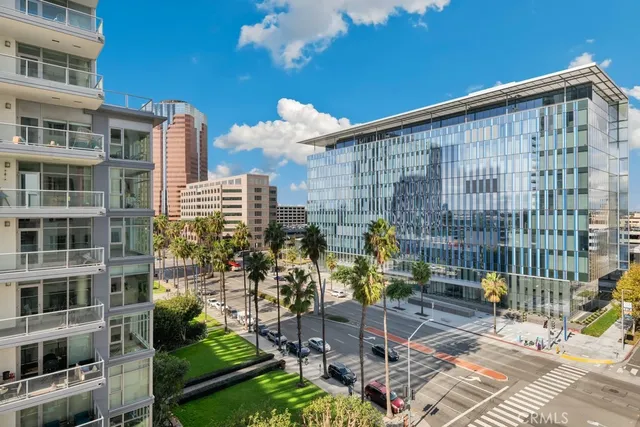 a city view with tall buildings