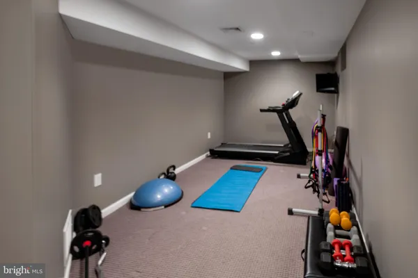 a room with gym equipment and a potted plant