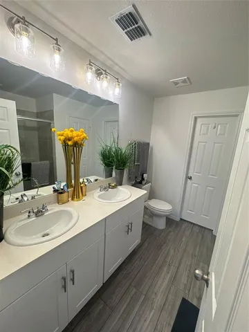 a bathroom with a double vanity sink toilet and mirror