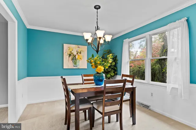 a dining room filled with a table and chairs