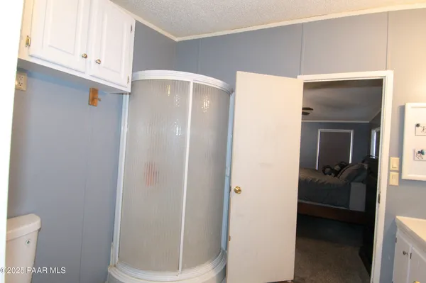 a bathroom with a shower and a toilet