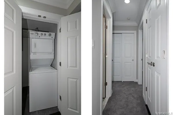 a view of a hallway with closet and a hallway