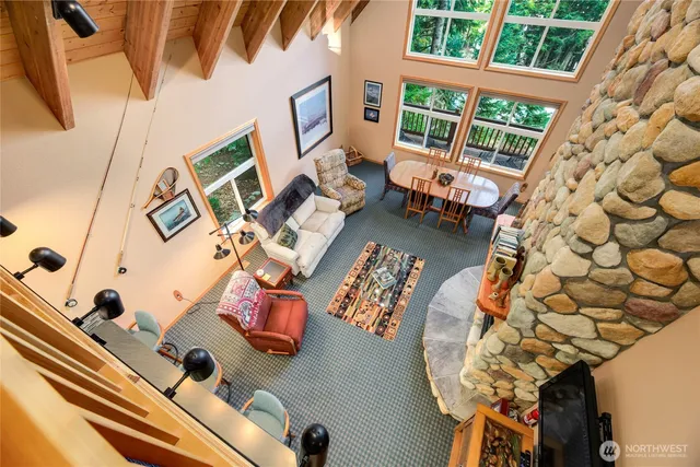 an aerial view of a fireplace with wooden floor