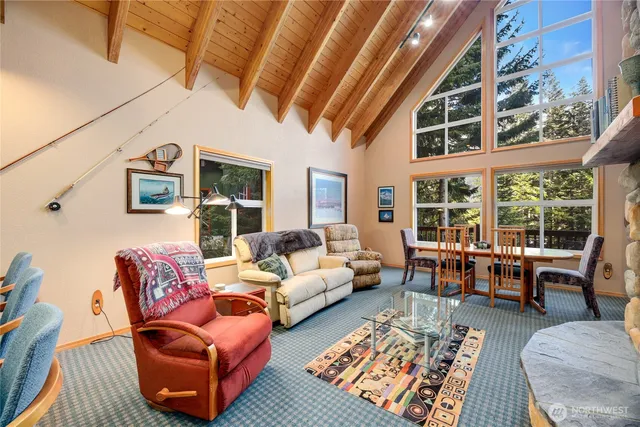 a living room with furniture a rug and a large window