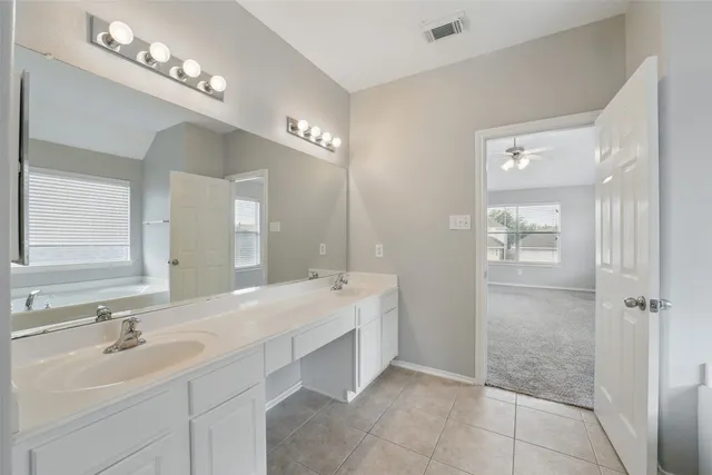 a bathroom with a double vanity sink mirror and shower