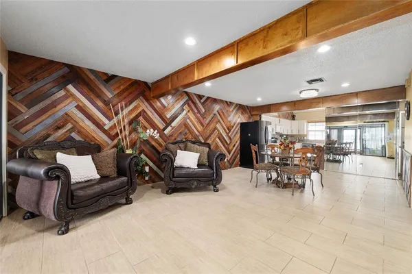 a garage with table and chairs