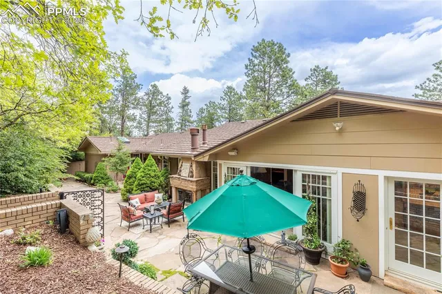 a backyard of a house with outdoor seating